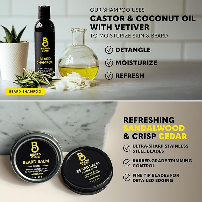 The Beard Club Ultimate Beard Growth Kit - Derma Roller, Growth Oil, Vitamins, Vitamin Spray, Biotin Balm, Conditioner, Cream, Balms, Shampoo, Razor, Scissors, Combs, Brush, Cleansing Spray - Gift Set