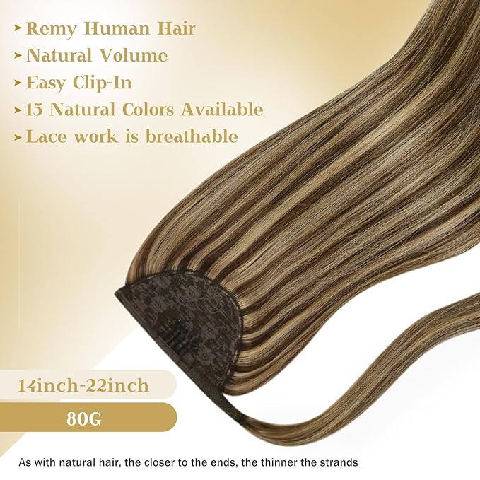 Ve Sunny Hair Extensions Ponytail Real Human Hair Wrap Around Clip in Ponytail Hair Extensions Straight Extensions Human Hair for Women Medium Brown Highlighted Caramel Blonde 20inch 80G 80G