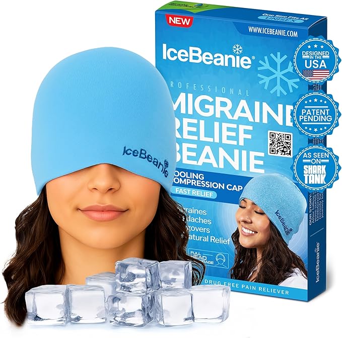 IceBeanie Migraine Relief Cap, As Seen on Shark Tank, Soft & Stretchy Gel Tension Headache Relief Cap, Extended Cooling Hangover Ice Hat, Odorless Head Wrap Ice Pack Wrap, Headache Migraine Mask