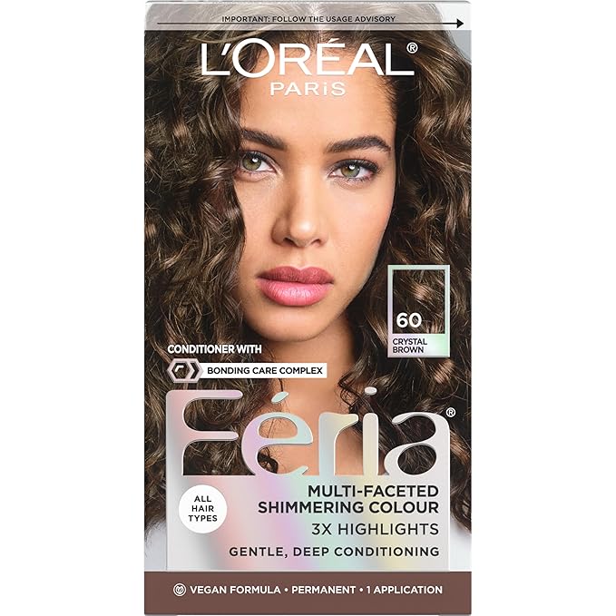 L'Oreal Paris Feria Multi-Faceted Shimmering Permanent Hair Color, 60 Crystal Brown (Light Brown), Pack of 1 Hair Dye Kit