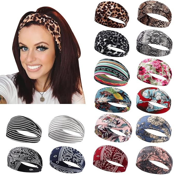 DRESHOW Yoga Running Leopard Headbands for Women Elastic Non-Slip Headbands Sports Workout Hair Bands 16 Pack