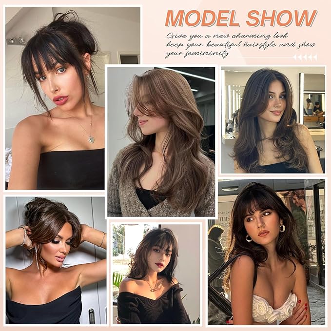 Benehair Clip in Bangs 100% Real Human Hair Extensions 360° Cover Clip on 3D Wispy Bangs for Women Topper Hairpieces for Women Dark Brown