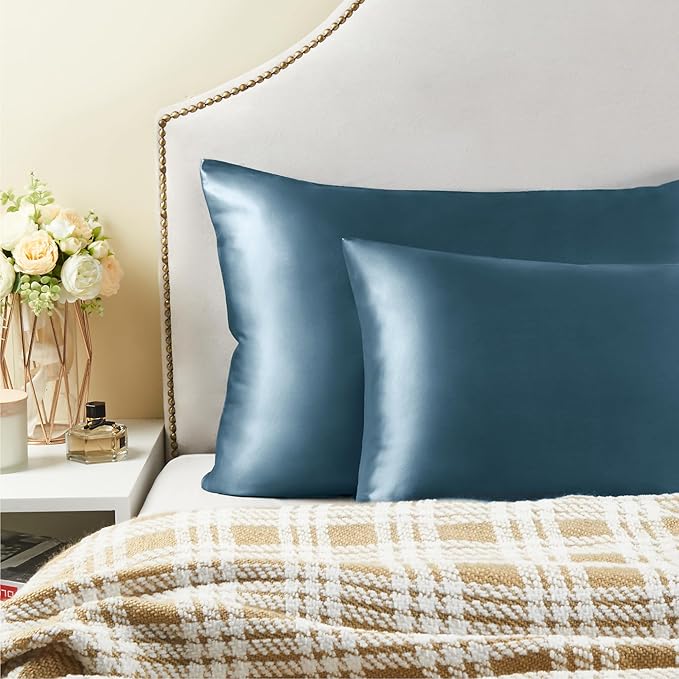 BEDELITE Satin Pillowcase with Zipper 2 Pack, Bluesteel Pillow Cases Standard Size, Super Soft and Cooling Similar to Silk Pillow Cases, Gift for Women Men(20x26 Inches)