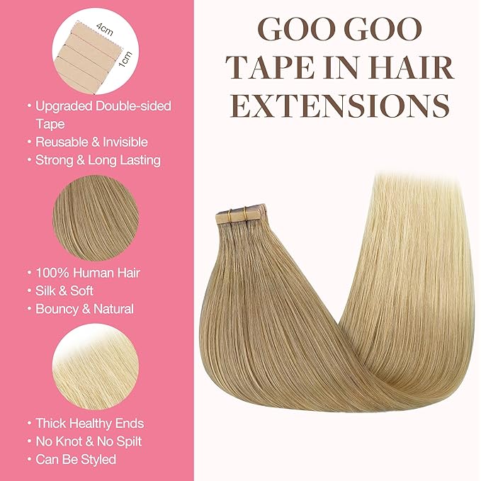 GOO GOO Tape in Hair Extensions Human Hair, O18G/22G(L) Golden Beige Blonde with Ash Highlights, 26inch 60g 20pcs, Skin Weft Seamless Invisible, Silky Straight with Thick Ends, Remy Human Hair
