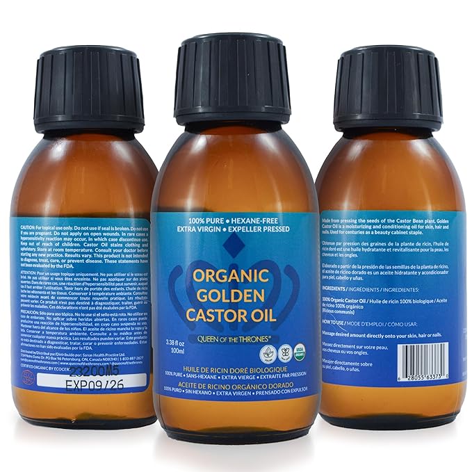 QUEEN OF THE THRONES Organic Golden Castor Oil | 100% Pure for Hair, Skin, Nails, Brows & Lashes | Hexane-Free | USDA Certified [3.38oz (100ml)]