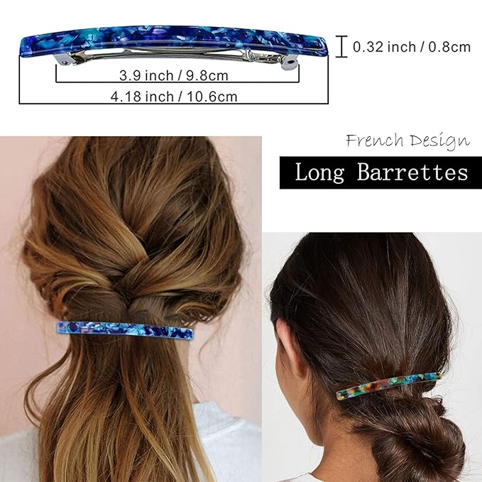 Long French Hair Barrettes 4 Inch Large Hair Clips for Women Thick Hair Automatic Clasp Clamp Pins Resin Nonslip Grip Ponytail Holders, Stylish Hair Accessories Blue Green Pink 3 Pack