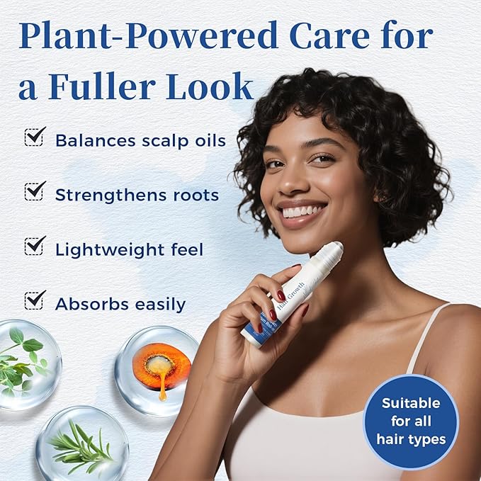 Hair Growth Serum Roll On with Rosemary，Helps Support Thicker, Fuller Hair Appearance，Clean, Non-Greasy Hair Loss Support for Men & Women，Saw Palmetto，0.84 Fl Oz (Pack of 1)