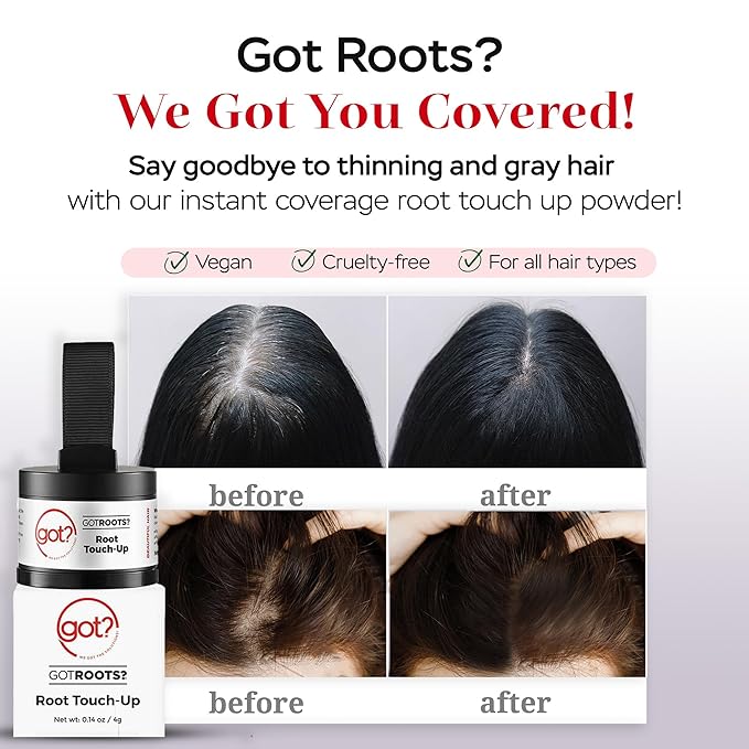 Got? Roots - Root Touch Up Kit for Dark Brown Hair - Temporary Thinning & Gray Cover, Brow Filler, and Pigment Infused Hairline Powder - 0.14 OZ Tub