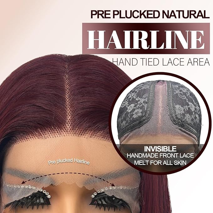 Glueless Synthetic Lace Front Wig 26 Inches Long Straight Red Wigs for Black Women 13x5x1 HD Lace Hand Tied Pre Plucked Hairline (#99J Burgundy, 26 Inch)