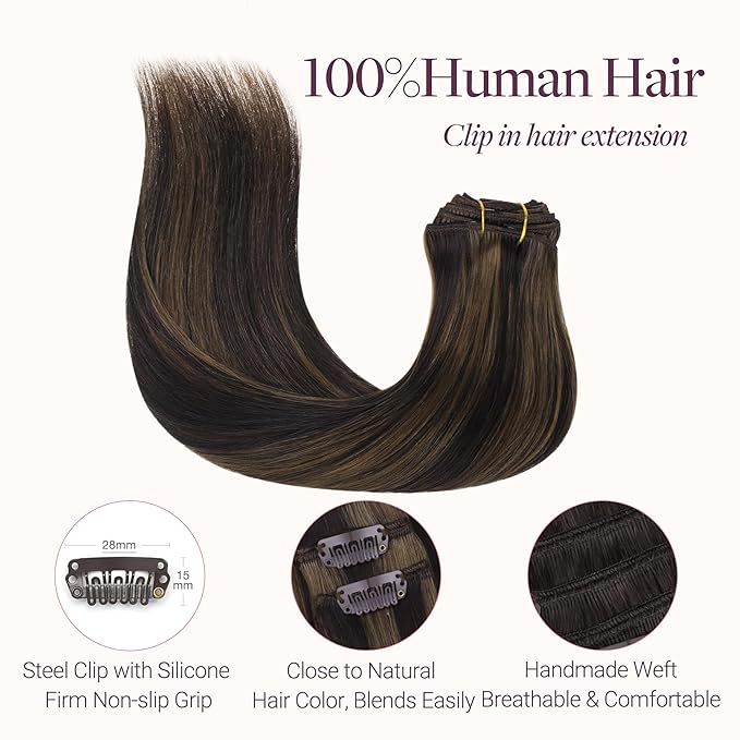 GOO GOO Clip in Hair Extensions Real Human Hair, Remy Human Hair Extensions Clip ins for Women, Natural Human Hair, 26inch 180g 7 Pcs, #2/6 Dark Brown Highlighted Chestnut Brown