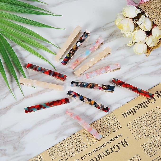 Cobahom 12 Pack Thick Hair Duckbill Metal Duck Teeth Hair Clips for Women - Chic Tortoise Shell Hair Pins in Red, White, Blue, and Pink (2.36 Inch)