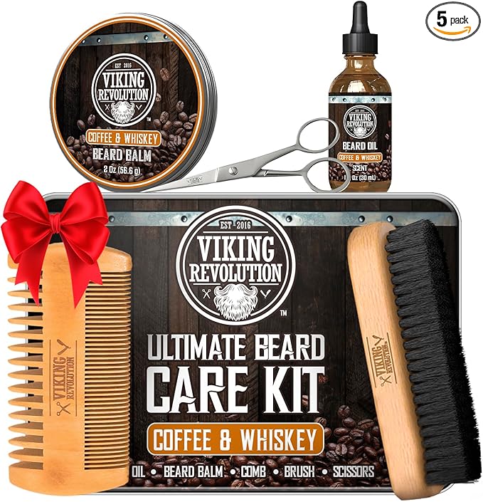 Viking Revolution - Ultimate Beard Kit Coffee and Whiskey - Beard Grooming Kit for Men with Beard Brush, Beard Comb, Beard Balm, Beard Oil, Beard and Moustache Scissors - Husband Gifts for Men