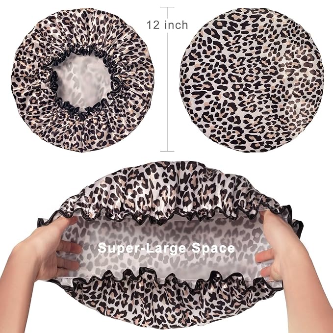 Aquior Shower Cap, Shower Cap for Women Reusable Waterproof, Large Bath Hair Cap for All Hair Lengths, Ladies, Men and Kids (Leopard)