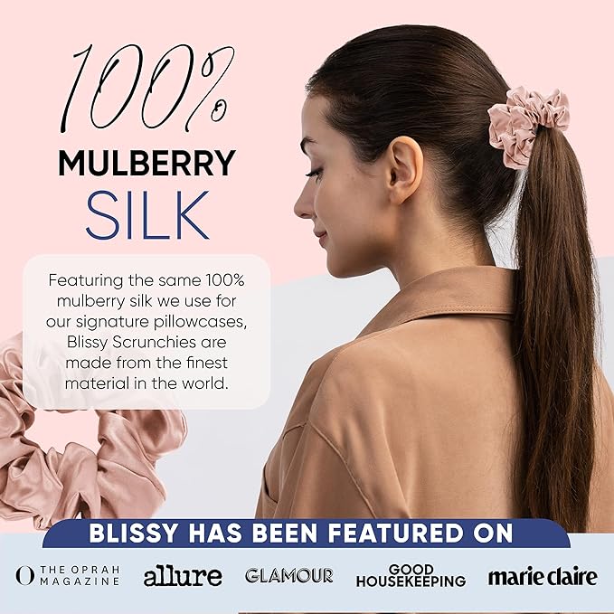 Blissy Silk Scrunchies (3 Pack) - 100% Pure Mulberry Silk - 22 Momme 6A High-Grade Fibers Scrunchie for Straight & Curly Hair - Preventing Breakage, Tangling, & Creasing (Pink Skinny)