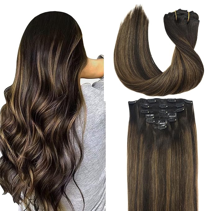 GOO GOO Clip in Hair Extensions Real Human Hair, Remy Human Hair Extensions Clip ins for Women, Natural Human Hair, 12inch 85g 7Pcs, 2/6/2 Balayage Dark Brown to Chestnut Brown