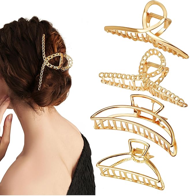 4 Pack Large Metal Hair Clips for Thin to Thick Curly Hair, 4.3 Inch Big Nonslip Gold Color Clamps, Perfect Fashion Jaw Claw Hair Styling Accessories for Women and Girls, Christmas Gifts
