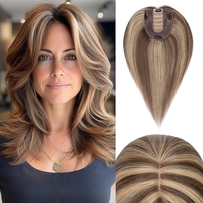 Rich Choices Hair Toppers for Women Real Human Hair 100% Human Remy Toppers NO Bangs with Thinning on Top Clip in Hairpiece 4"x4.7"Lace Base 6 Inch #4P27 Medium Brown Highlights Dark Blonde