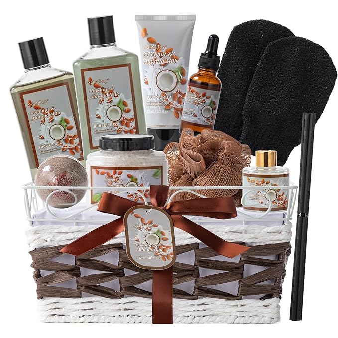 Coconut Almond spa kit, Bath and Body Gift Basket Christmas Gifts for Women & Men Spa Gift Basket,16 Pcs Bath Gift Set With Fragrant Lotion, Home Spa Luxurious Bath Body Oil, Diffuser & More