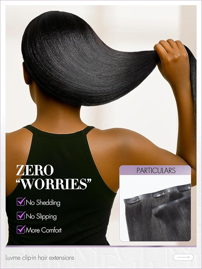 LUVME Yaki Straight Seamless 70g 4Pcs Clip in Hair Extensions Full Max with 26inch Remy Human Hair Clip ins Extensions, Natural Black 100% Real Soft Hair