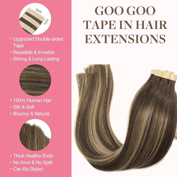 GOO GOO Tape in Hair Extensions Human Hair, 4/26/4 Balayage Chocolate Brown to Honey Blonde, 16inch 50g 20pcs, Skin Weft Seamless Invisible, Silky Straight with Thick Ends, Remy Human Hair