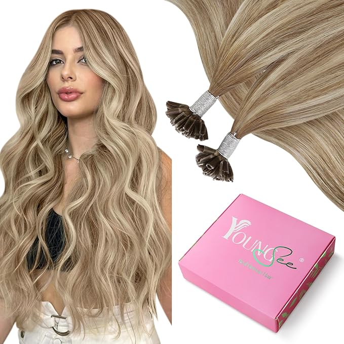 YoungSee Human Hair U Tip Hair Extensions Balayage Light Brown and Platinum Blonde Utips Remy Hair Extensions Balayage U Tips Keratin Hair Extension K Tips Human Hair Extension Ombre 1G/S 50G 20In