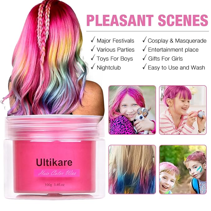 Temporary Hair Color for Kids Pink, Ultikare Hair Wax Color Dye for Dark Hair Instant Colored Hair Gel Hairstyle Wax Cream Mud Pomade 3.4 Oz Girl Gifts, Party, Cosplay & Halloween