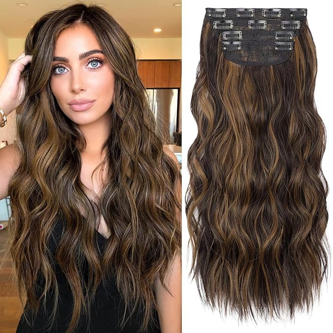 KooKaStyle Clip in Long Wavy Synthetic Hair Extension 20 Inch 4PCS Balayage Dark Brown to Chestnut Hairpieces Fiber Thick Double Weft Hair Extension for Women