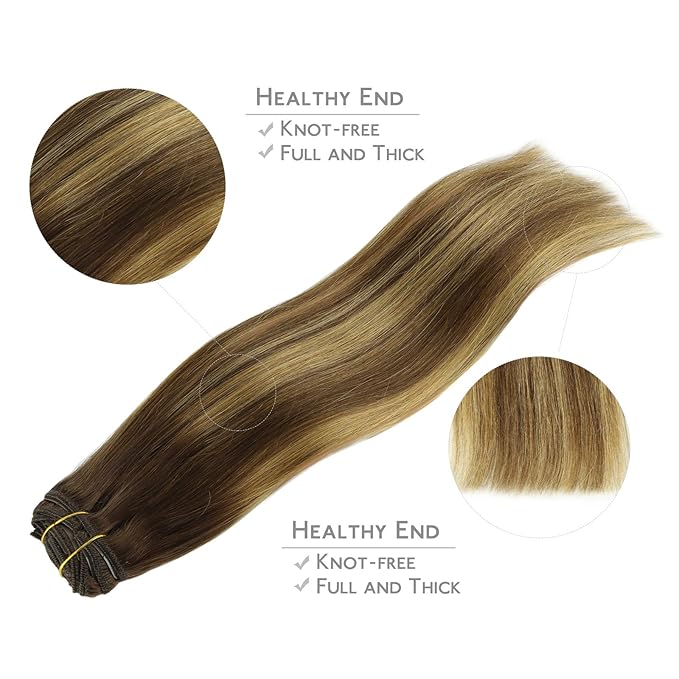 WENNALIFE Clip in Hair Extensions Real Human Hair, 16 Inch 120g 7pcs Balayage Chocolate Brown to Caramel Blonde Hair Extensions Clip in Human Hair Remy Clip in Hair Extensions Real Human Hair