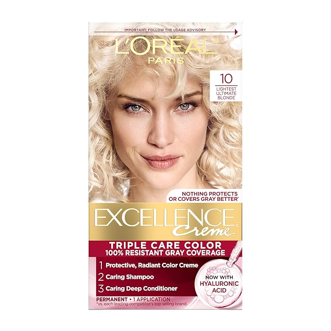 L'Oreal Paris Excellence Crème Permanent Hair Dye, Triple Care Hair Color with Pro-Keratine Complex for 100% Gray Hair Coverage, 10 Lightest Ultimate Blonde, 1 Kit