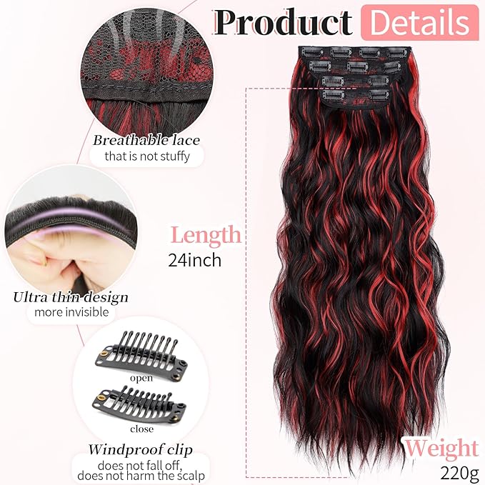 KooKaStyle Hair Extensions Black Mix Red Highlights 1B/113# Clip in Synthetic Highlight Long Wavy 4PCS Thick Hairpieces for Daily Use 24 Inch for Women
