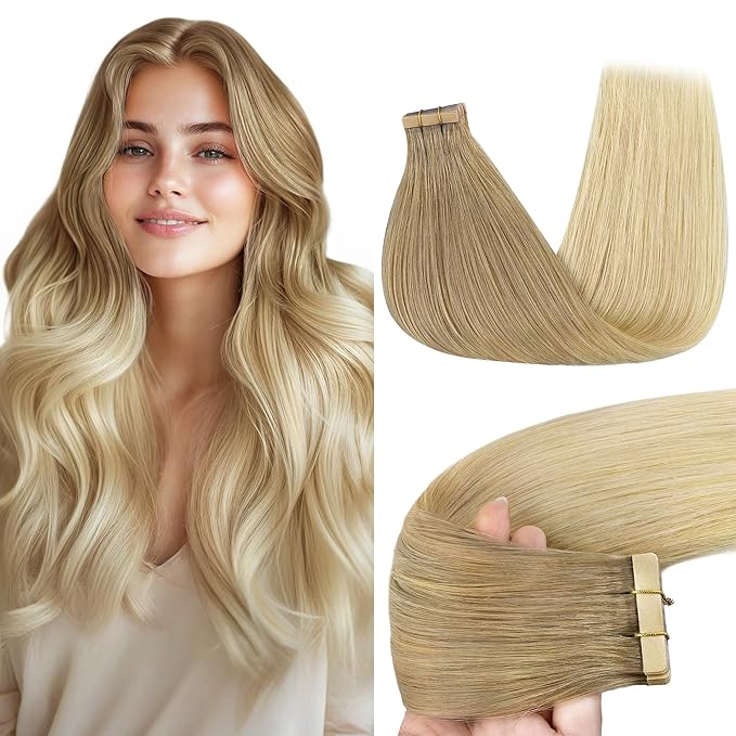 GOO GOO Tape in Hair Extensions Human Hair, O18G/22G Ombre Beige Blonde with Ash Highlights, 18inch 50g 20pcs, Skin Weft Seamless Invisible, Silky Straight with Thick Ends, Remy Human Hair