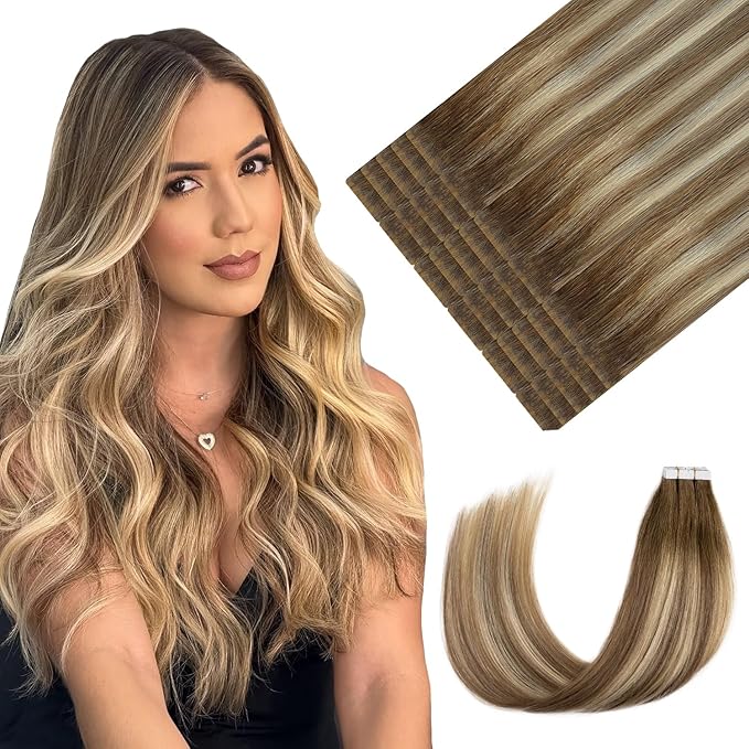 Youngsmile Invisible Tape in Hair Extensions Human Hair 20pcs 35g Balayage #3/8/22 Walnut Brown to Ash Brown and Golden Blonde 20 Inch Injection tape Hair Extensions Remy Human Hair (#3/8/22,16'')