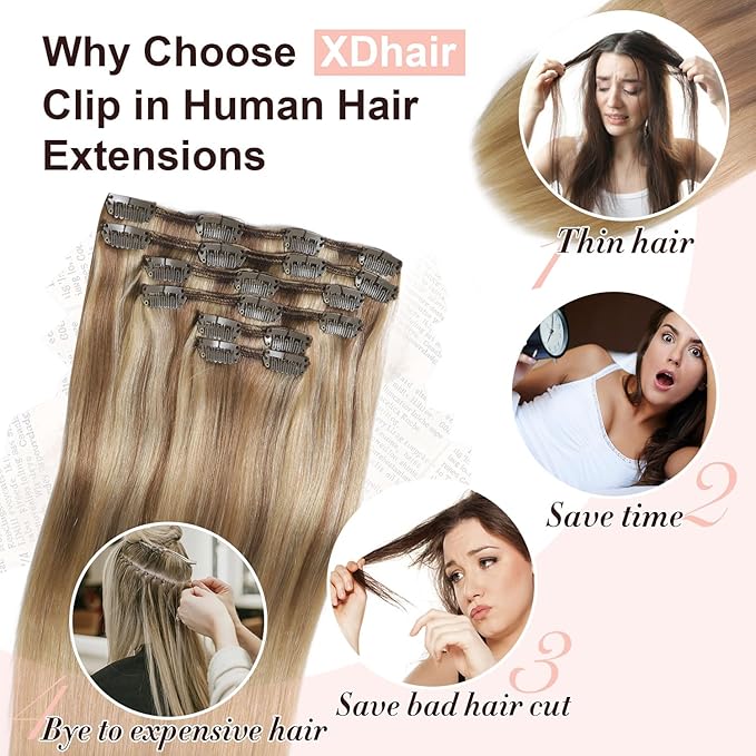 XDhair Human Hair Clip in Extensions 120g 20 Inch Balayage Blonde Human Hair Extensions Clips ins Golden Brown to Light Blonde Clip in Hair Extensions for Women #10/27/27 20 Inch