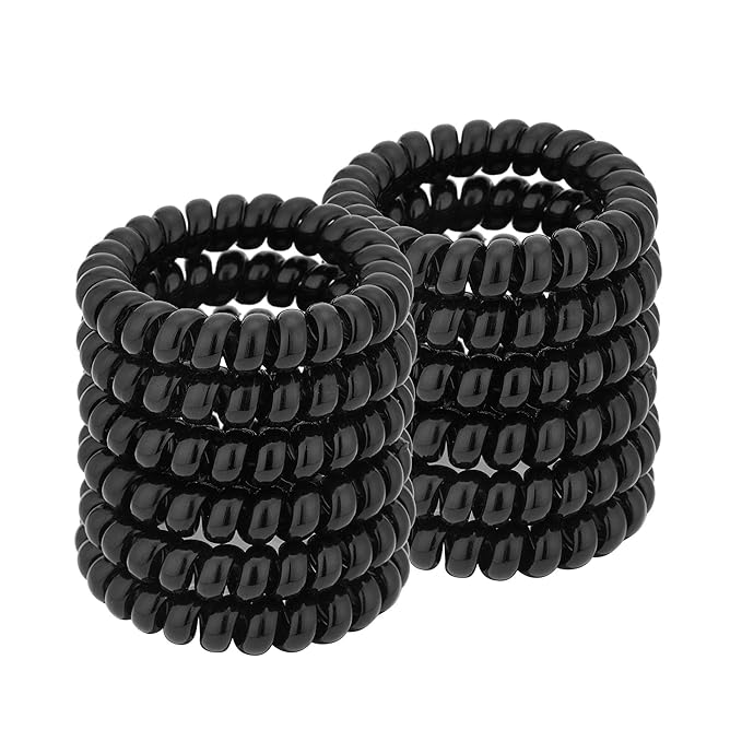 Spiral Plastic Hair Ties (Black, 12 Pcs) - Coil Ponytail Holders for Thick Hair, No Crease Phone Cord Ties for All Hair Types