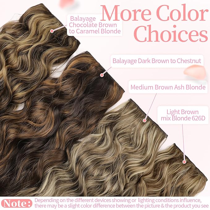 KooKaStyle Clip in Synthetic Hair Extensions Long Wavy 4PCS Thick Hairpieces Balayage Dark Brown to Chestnut Fiber Double Weft Natural Hair Extensions 16 Inch for Women