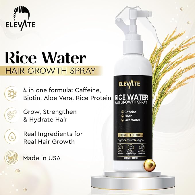 Elevate Rice Water Hair Growth Spray - Infused with Biotin, Caffeine & Aloe Vera for Thicker, Longer, Softer Hair - Fermented Leave In Mist for Thinning, Damaged Hair - Vegan & Non-Greasy