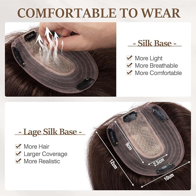 Rich Choices Hair Toppers for Women Real Human Hair 100% Human Remy Toppers NO Bangs for Women with Thinning on Top Clip in Hairpiece 4"x4.7"Lace Base 10 Inch #2 Dark Brown