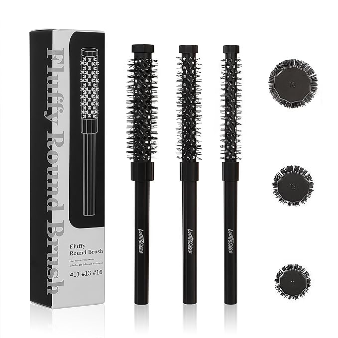 3pcs Small Round Hair Brush for Short Hair - Barrel Hair Brush for Blow Drying, Aluminum Round Brush for Bobs, Bangs, Lobs, Roots, Curling, Pixie Cuts, Straight Hair - Black