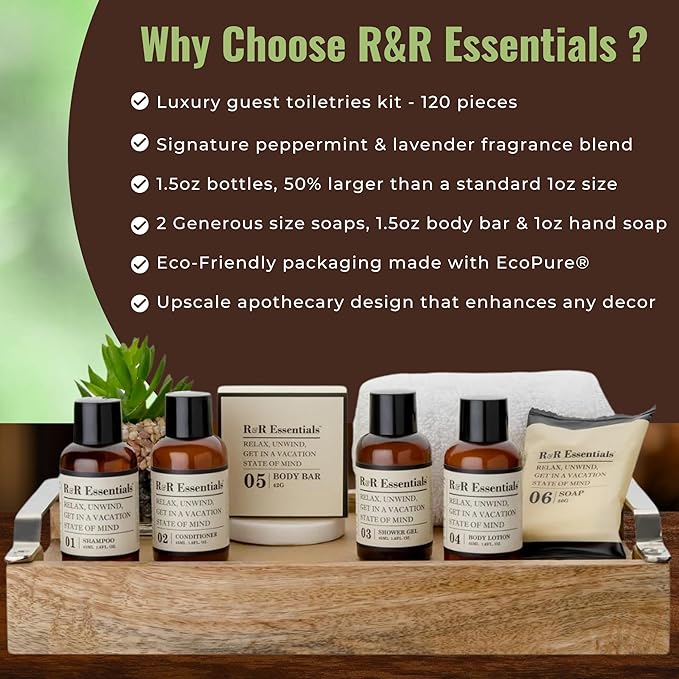 R&R Essentials Hotel Soaps and Toiletries Bundle, Vacation Home Amenities Kit - 1.5oz Shampoo, Conditioner, Shower Gel, Lotion And 2 Bar Soaps - Travel Size (120 pc)