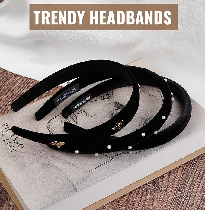 Huachi Black Headbands for Women Velvet, Wide Padded Headband for Girls Non Slip, Trendy Headbands for Women’s Hair, Fashion Hair Accessories 3PCS