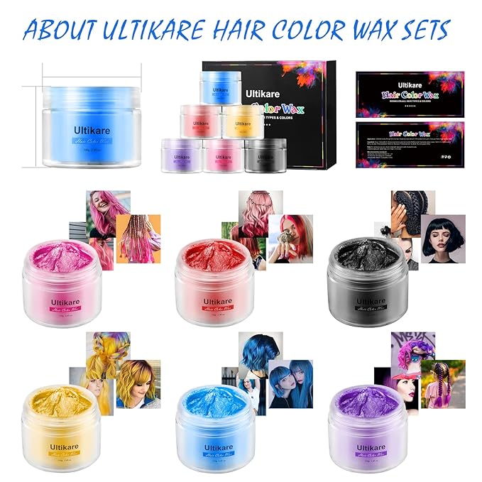 Temporary Hair Color for Kids, Ultikare Red Hair Dye Washable Natural Hair Wax Color Chalk Mud Cream DIY Hairstyle Clay For Dark Hair Halloween, Cosplay, Party, Christmas Gift Girls 3.4 Fl Oz 6 colors