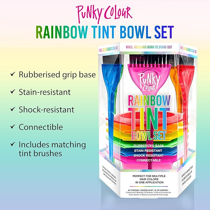 Punky Rainbow Tint Hair Dye Brush and Bowl Set - Multi-Color Hair Coloring Kit with Dye Mixing Bowls & Brushes, DIY Dyeing & Bleaching for Salon & At-Home Use