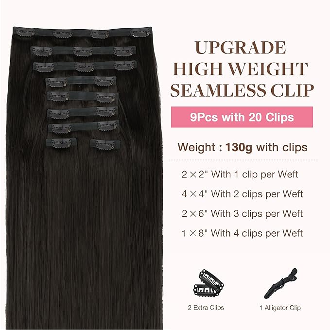 GOO GOO Clip in Hair Extensions Real Human Hair, Remy Human Hair Extensions Clip ins for Women, Natural Human Hair, 14inch 130g 9Pcs, 2 Dark Brown