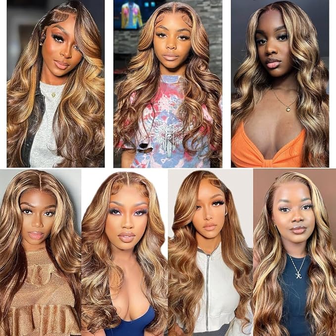 210% Density 13x6 Highlight Ombre Full Lace Frontal Wigs Human Hair 12A Body Wave Brazilian Human Hair Pre Plucked 4/27 Honey Blonde HD Glueless Transparent Lace with Baby Hair 18 Inch