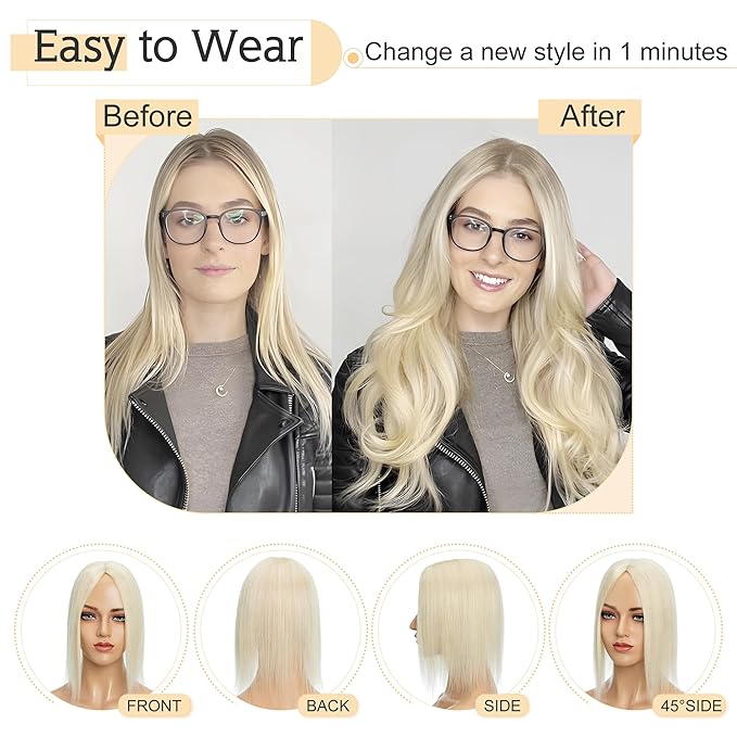 SEGO Human Hair Toppers for Women With Thinning Hair, 7 * 13CM Silk Base 100% Real Human Hair Clip in Top Wiglet Hairpieces /12 Inch No Bangs Platinum Blonde