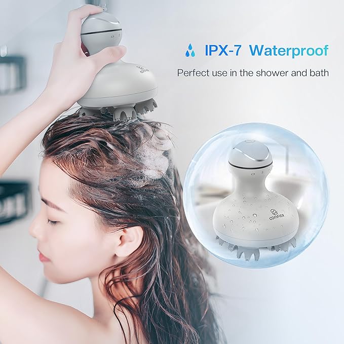 COMFIER Electric Scalp Head Massager with 4 Soft Silicone Massage Heads, Portable Hair Massager for Hair Growth, Relieve Stress, Head Scratcher for Deep Relaxation, Dog Cat Massager, Gray