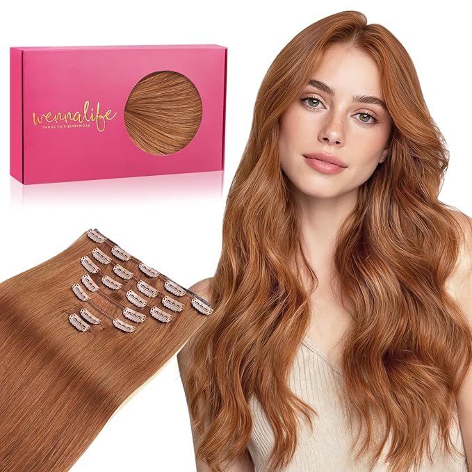 WENNALIFE Clip in Hair Extensions Real Human Hair, 22 Inch 120g 7pcs Cinnamon Terra Copper Remy Hair Natural Double Weft