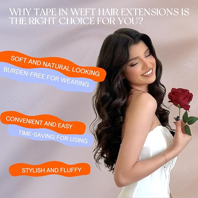 Full Shine Human Hair Extensions Tape in Color 18/613 Highlight Blonde Long Tape Weft Invisible Tape in Weft Hair Exensions Human Hair Weft Extensions 50G One Piece Travel Friendly Styling 20Inch