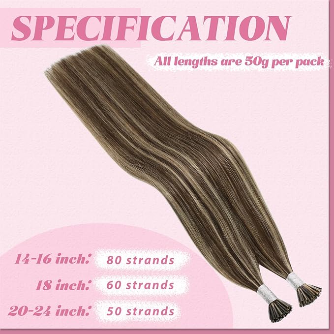 YoungSee I Tip Hair Extensions Human Hair Brown Highlight Itips Hair Extensions Human Hair Dark Brown with Blonde Highlight Tip Hair Extension Soft 20 Inch 50s 50g