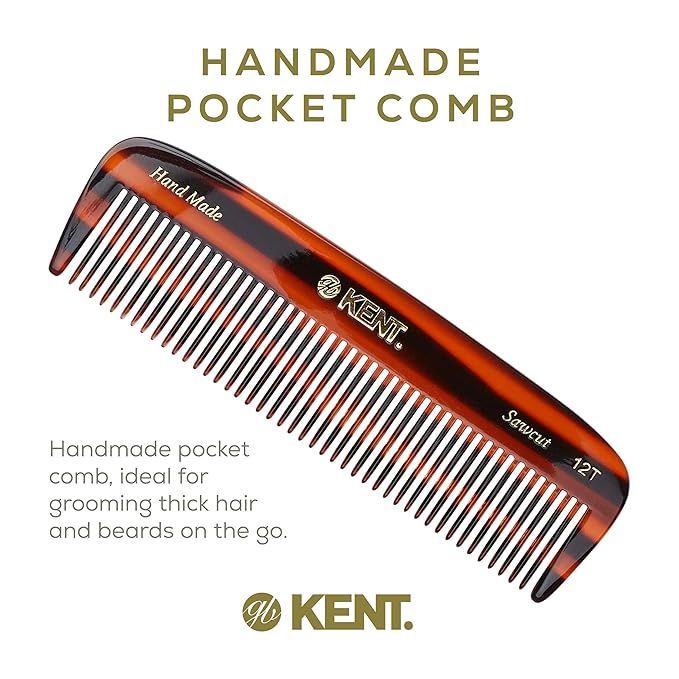 Kent 12T Wide Tooth Detangling Comb - Handmade Pocket Comb for Thick, Curly, and Wavy Hair, Large Tooth for Grooming Hair, Beard, and Mustache - Saw-Cut and Hand Polished